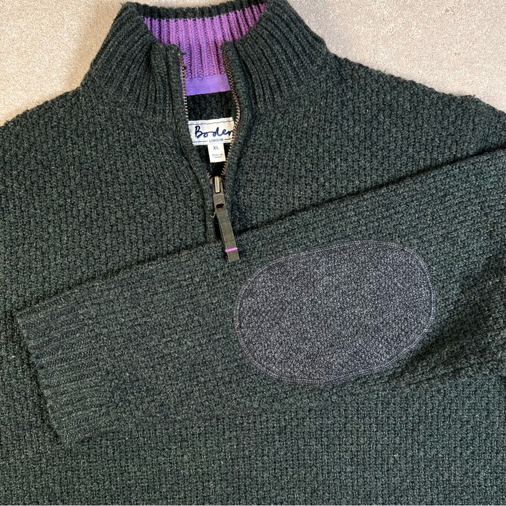 Boden Sweater Gray Quarter‎ Zip Wool Blend Elbow Patches Purple Trim Men's XL